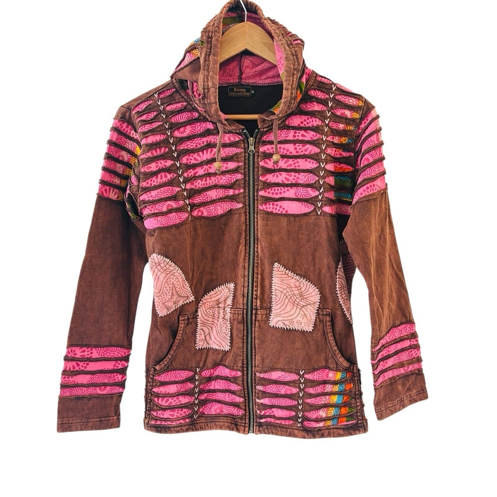 Rising International Patchwork Full Zip Hoodie Jacket Womens M Boho Indie Artsy
